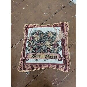 Merry Christmas Tapestry Throw Pillow Poinsettia Flowers Gold Vtg 14" Square